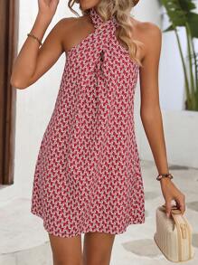 Chiquease In Toàn bộ Thánh giá Halter Neck Đầm - Đỏ và trắng - Xem 5