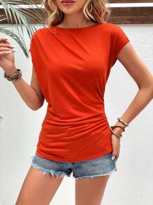 SHEIN LUNE Chất rắn Viền ven Áo thun - trái cam - Xem 5