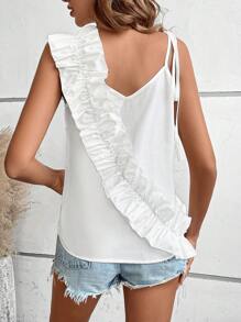 SHEIN LUNE 不對稱領荷葉邊襯衫 - 白色 - 查看 2