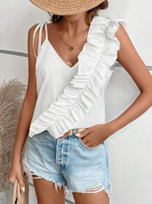 SHEIN LUNE 不對稱領荷葉邊襯衫 - 白色 - 查看 3