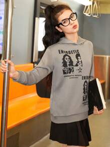 SHEIN Áo nỉ in hình cô gái tuổi teen và khẩu hiệu. - Xám - Xem 6