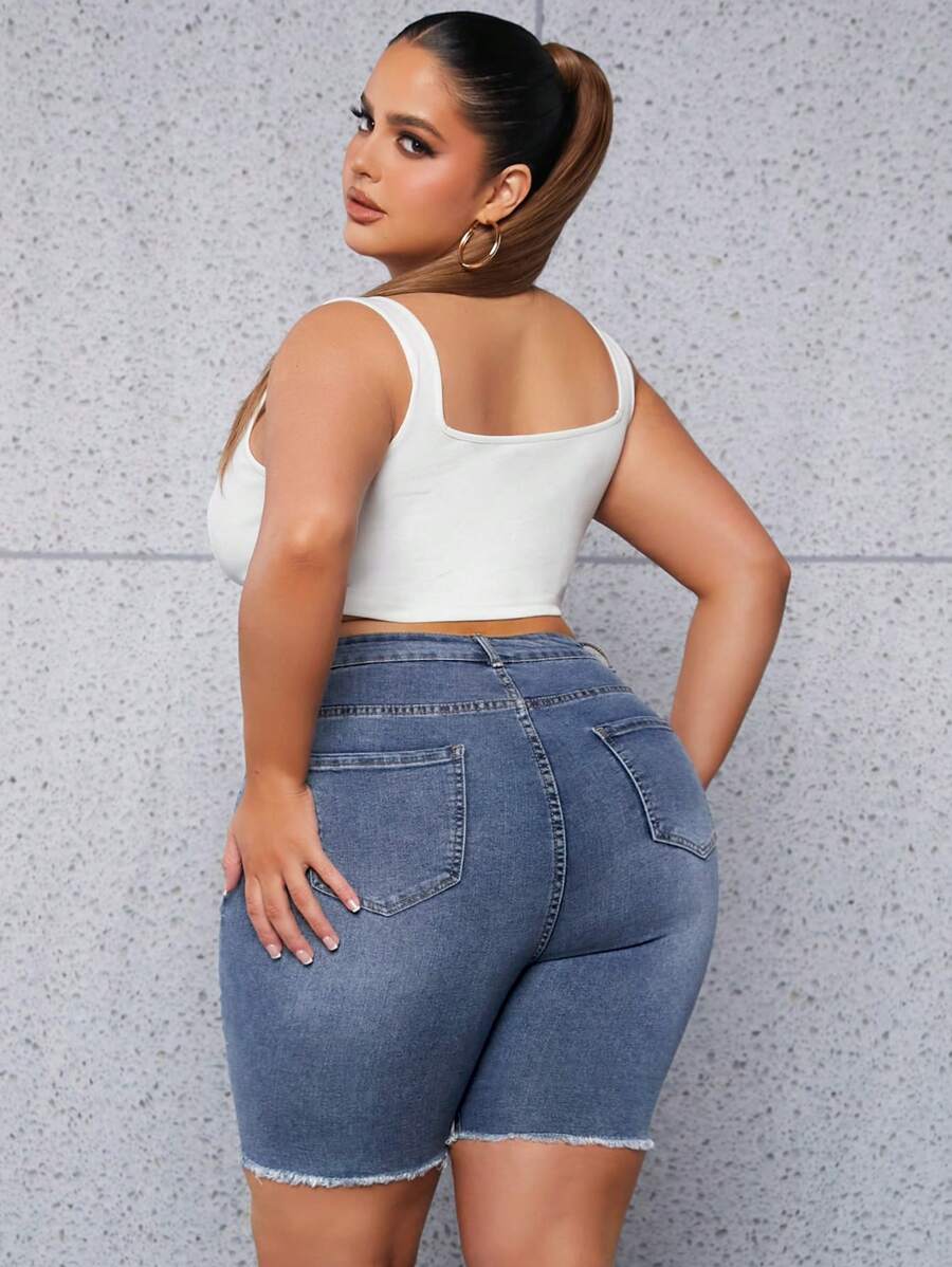 Hơn Cao eo Xén Thô Quần short Denim - Rửa trung bình - Xem 1
