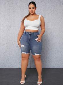 Plus High Waist Raw Trim Denim Shorts - Medium Wash - View 3