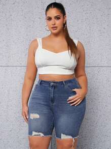 Plus High Waist Raw Trim Denim Shorts - Medium Wash - View 4