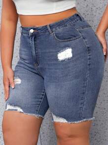 Plus High Waist Raw Trim Denim Shorts - Medium Wash - View 6