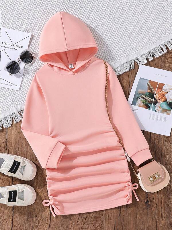 SHEIN Tween Girl Casual Long Hooded Pullover Sweatshirt With Drawstring Side, Mid-Length And Long Sleeves