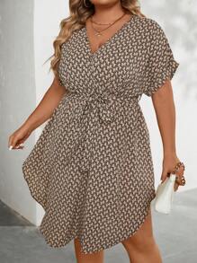 SHEIN Clasi Plus Allover Print Batwing Sleeve Belted Dress - Camel - View 1