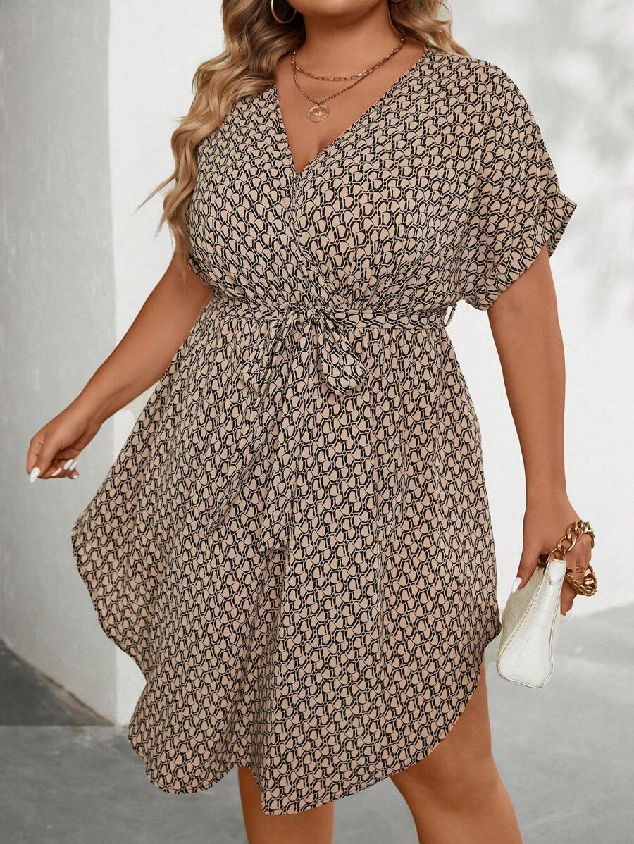 SHEIN Clasi Plus Allover Print Batwing Sleeve Belted Dress - Camel - View 1