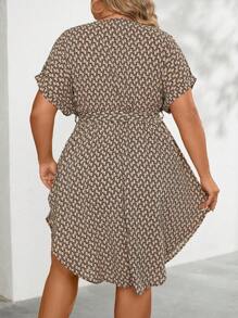 SHEIN Clasi Plus Allover Print Batwing Sleeve Belted Dress - Camel - View 2