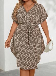 SHEIN Clasi Plus Allover Print Batwing Sleeve Belted Dress - Camel - View 3