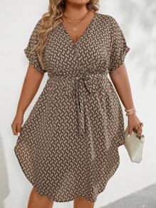 SHEIN Clasi Plus Allover Print Batwing Sleeve Belted Dress - Camel - View 5