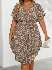 SHEIN Clasi Plus Allover Print Batwing Sleeve Belted Dress - Camel - View 6