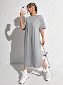 SHEIN EZwear 落肩袖下擺開叉T恤洋裝 - 淺灰色 - 查看 2