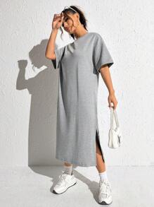 SHEIN EZwear 落肩袖下擺開叉T恤洋裝 - 淺灰色 - 查看 4