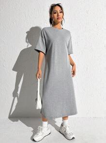 SHEIN EZwear 落肩袖下擺開叉T恤洋裝 - 淺灰色 - 查看 5