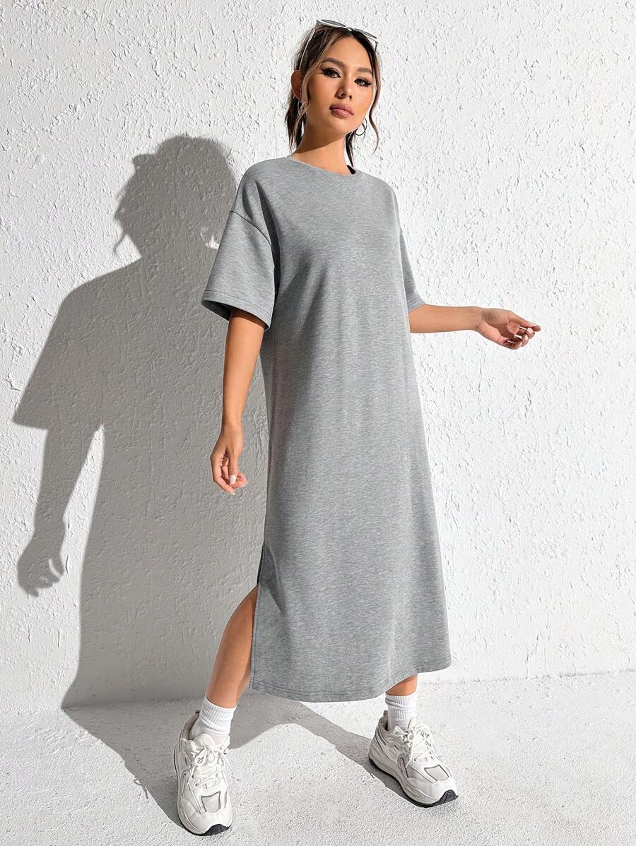 SHEIN EZwear 落肩袖下擺開叉T恤洋裝 - 淺灰色 - 查看 1