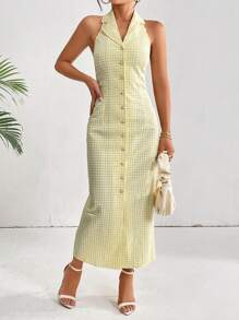 SHEIN Privé Gingham Print Button Front Halter Dress - Yellow - View 1