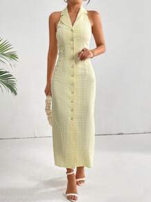 SHEIN Privé Gingham Print Button Front Halter Dress - Yellow - View 3