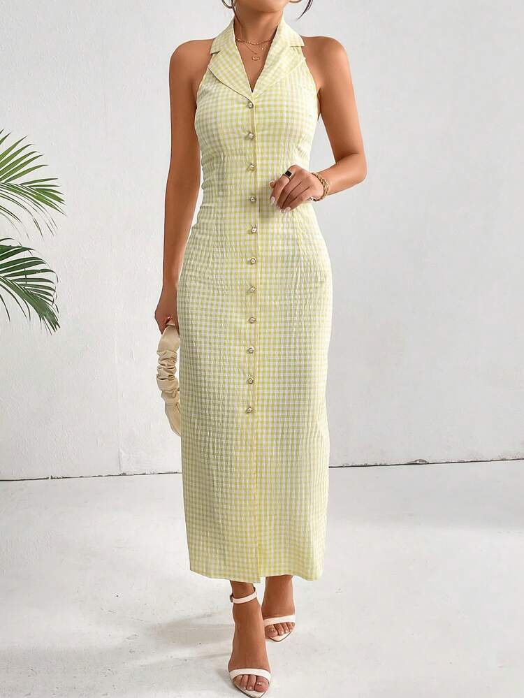SHEIN Privé Gingham Print Button Front Halter Dress - Yellow - View 3