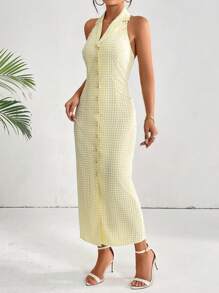 SHEIN Privé Gingham Print Button Front Halter Dress - Yellow - View 5