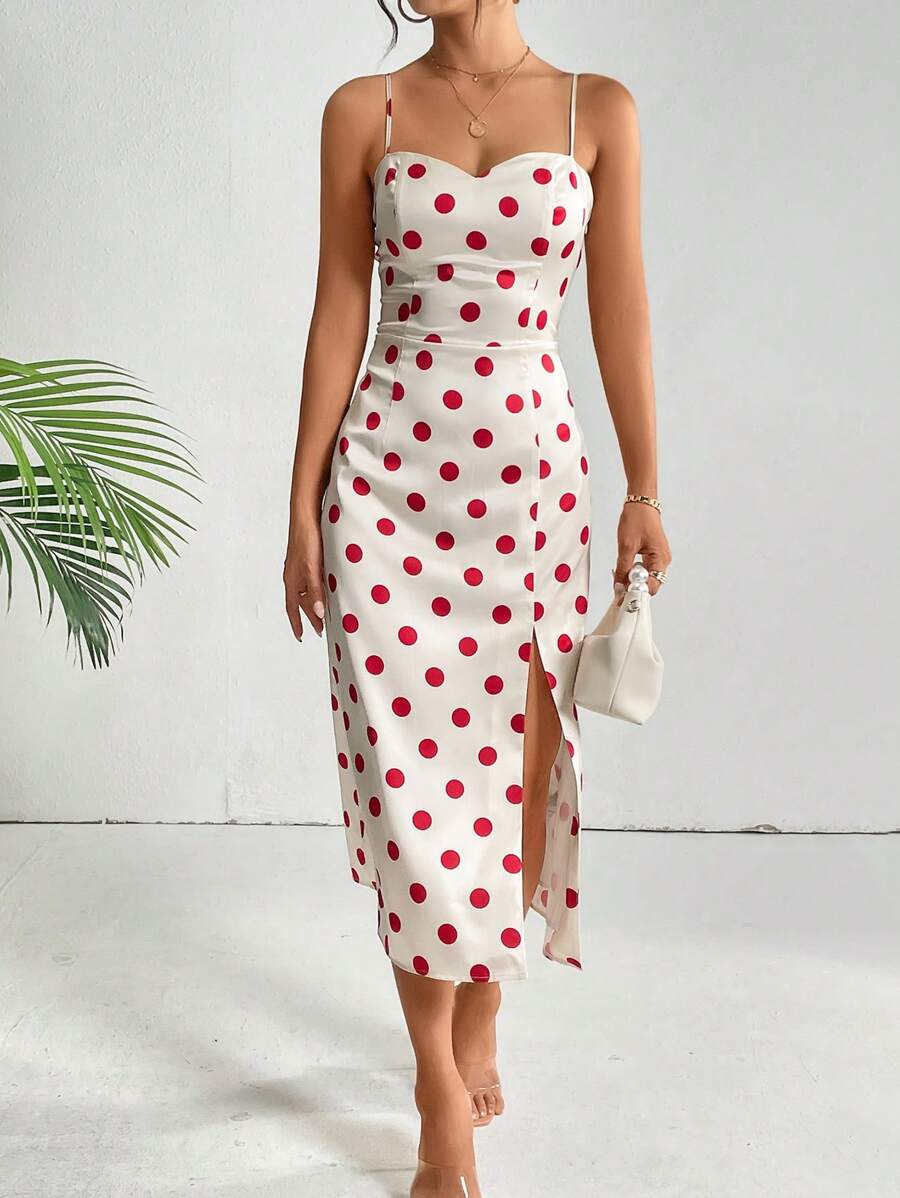 SHEIN Privé Polka Dot Print Split Thigh Cami Dress - Red and White - View 1