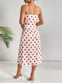 SHEIN Privé Polka Dot Print Split Thigh Cami Dress - Red and White - View 2