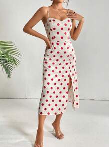 SHEIN Privé Polka Dot Print Split Thigh Cami Dress - Red and White - View 3