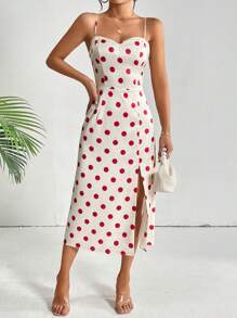 SHEIN Privé Polka Dot Print Split Thigh Cami Dress - Red and White - View 4