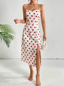 SHEIN Privé Polka Dot Print Split Thigh Cami Dress - Red and White - View 5
