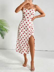 SHEIN Privé Polka Dot Print Split Thigh Cami Dress - Red and White - View 6