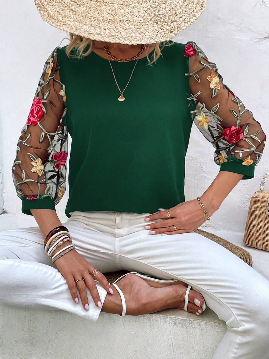 SHEIN LUNE 1 Miếng Thêu hoa Tay áo lưới Áo sơ mi - Màu xanh lá cây đậm - Xem 1