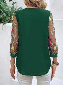 SHEIN LUNE 1 Miếng Thêu hoa Tay áo lưới Áo sơ mi - Màu xanh lá cây đậm - Xem 3
