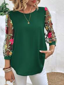 SHEIN LUNE 1 Miếng Thêu hoa Tay áo lưới Áo sơ mi - Màu xanh lá cây đậm - Xem 5