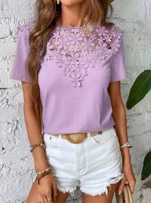 SHEIN Clasi Bảng điều khiển ren Guipure Áo thun - Màu Lilac Tím - Xem 3
