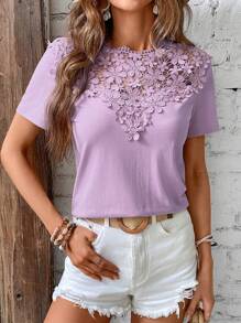 SHEIN Clasi Bảng điều khiển ren Guipure Áo thun - Màu Lilac Tím - Xem 5