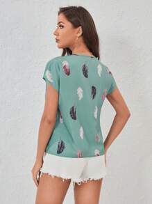 SHEIN LUNE Feather Print Keyhole Neck Batwing Sleeve Blouse - Mint Green - View 2