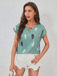 SHEIN LUNE Feather Print Keyhole Neck Batwing Sleeve Blouse - Mint Green - View 4