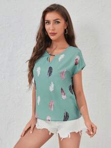 SHEIN LUNE Feather Print Keyhole Neck Batwing Sleeve Blouse - Mint Green - View 5