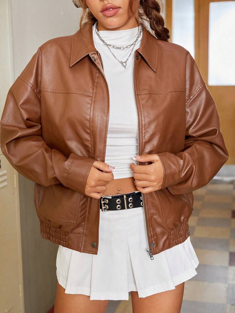 Drop Shoulder Flap Pocket PU Leather Jacket