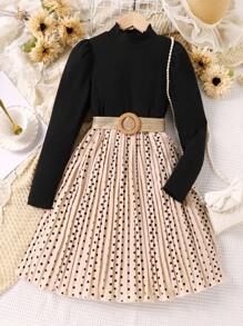 SHEIN Tween Girl Polka Dot Print Mock Neck Pleated Hem Belted Dress - Multicolor - View 1