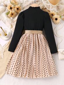 SHEIN Tween Girl Polka Dot Print Mock Neck Pleated Hem Belted Dress - Multicolor - View 2