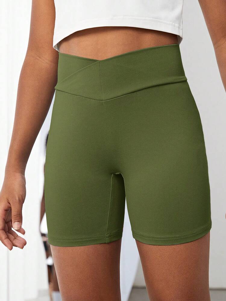 SHEIN Tween Girl Solid High Waist Sports Biker Shorts - Army Green - View 5