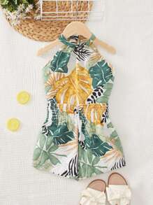 SHEIN Tween Girl Tropical Print Halter Neck Top & Shorts - Multicolor - View 1