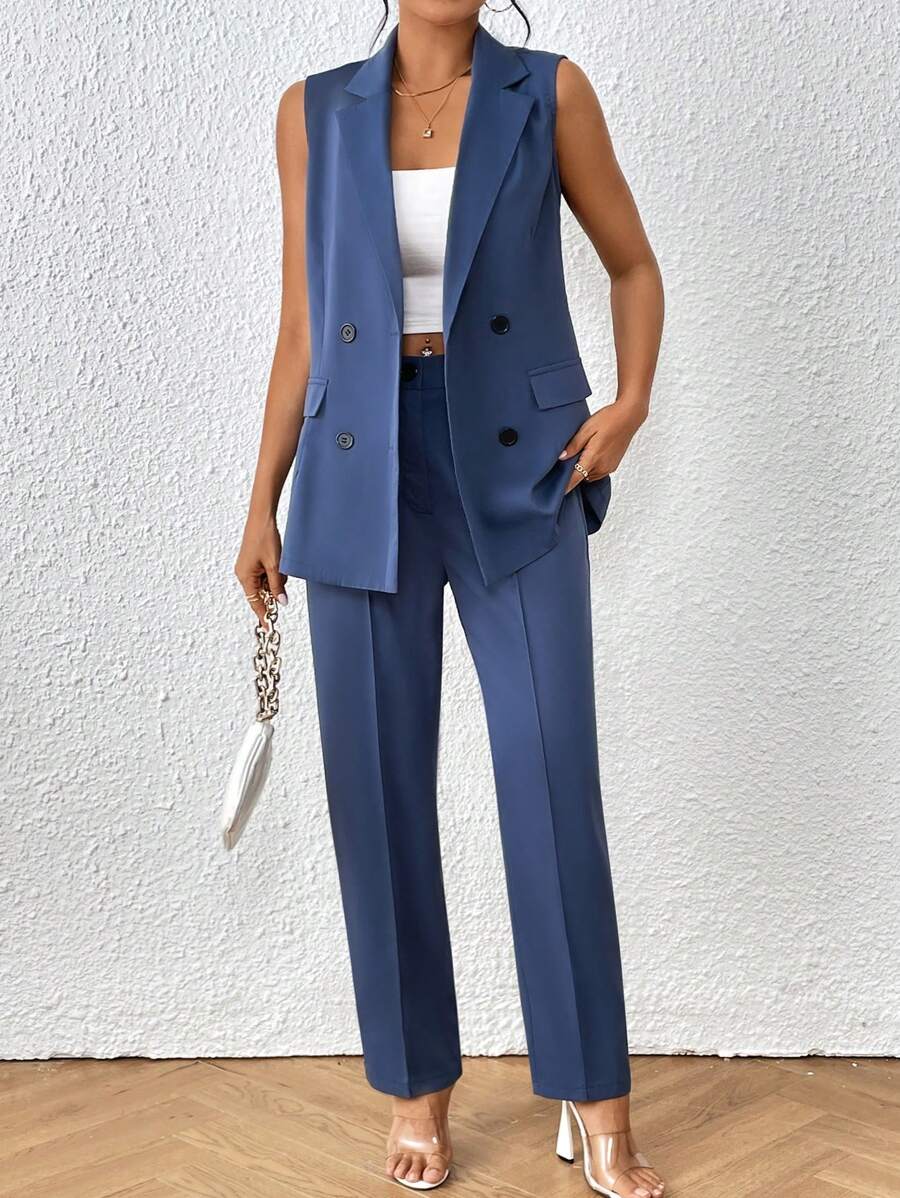 SHEIN Privé Double Breasted Vest Blazer & Trousers - Dusty Blue - View 1