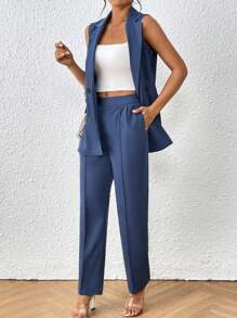 SHEIN Privé Double Breasted Vest Blazer & Trousers - Dusty Blue - View 2