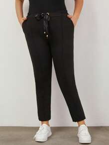 EURMUSE Plus Drawstring Waist Slant Pocket Trousers - Black - View 1