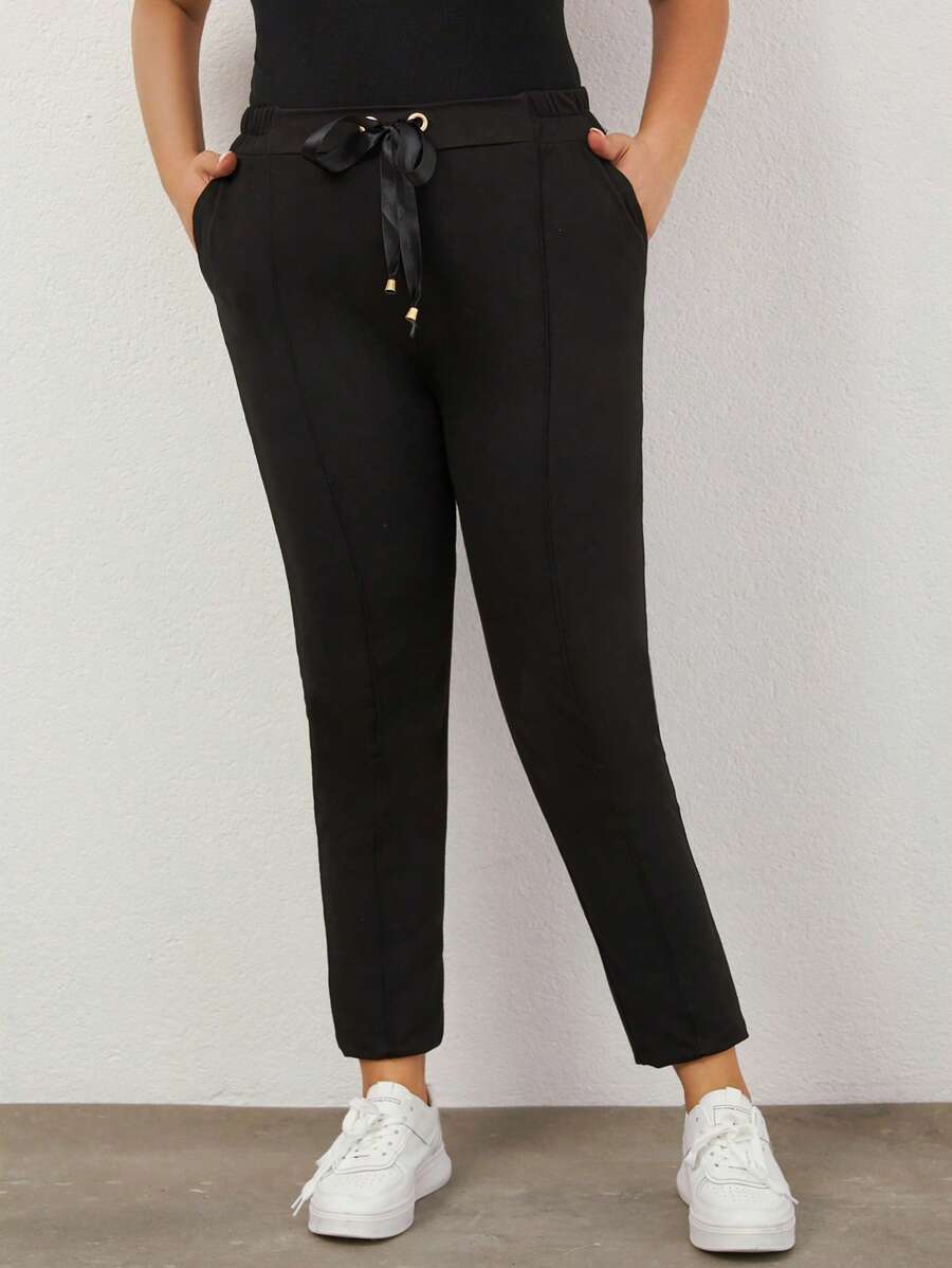 EURMUSE Plus Drawstring Waist Slant Pocket Trousers - Black - View 1