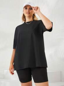 EURMUSE Plus Solid Drop Shoulder Tee & Cycling Shorts - Black - View 1