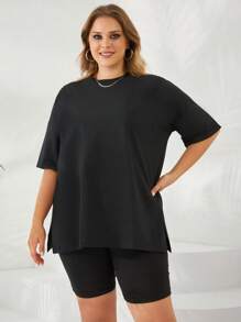 EURMUSE Plus Solid Drop Shoulder Tee & Cycling Shorts - Black - View 3
