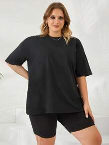 EURMUSE Plus Solid Drop Shoulder Tee & Cycling Shorts - Black - View 5
